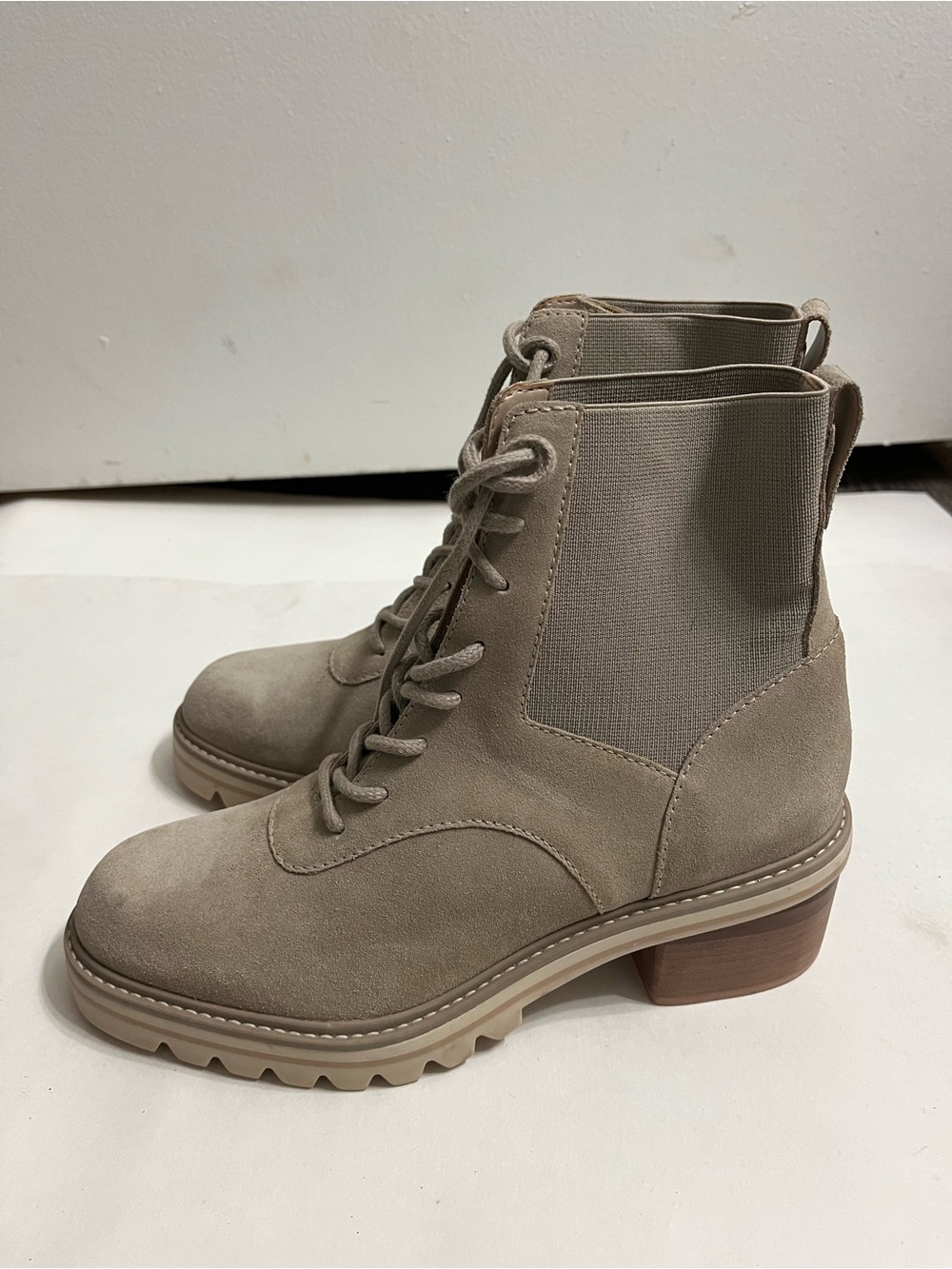 Bernardo Taupe Suede Lace-Up Chunky Heel Ankle Boots